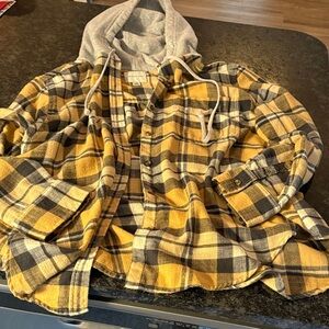 Yellow and Gray Plaid Hooded Flannel Shirt